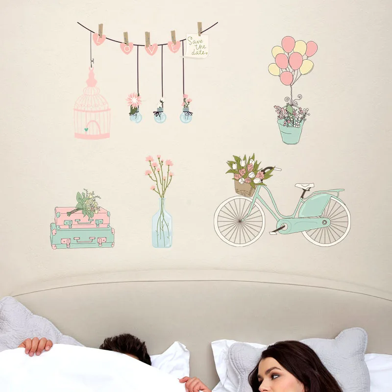 Cartoon Wall Sticker for Classroom, Bedroom, Living Room, Girl Room,Home Decor, Pink Flower, Bicycle Float, Balloon