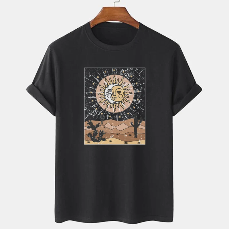 Słońce księżyc kaktus pustynia Retro T koszula Vintage styl Boho z krótkim rękawem damska koszulka Plus rozmiar estetyczny niebiański graficzny Tee