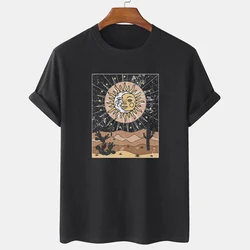 Słońce księżyc kaktus pustynia Retro T koszula Vintage styl Boho z krótkim rękawem damska koszulka Plus rozmiar estetyczny niebiański graficzny Tee Top