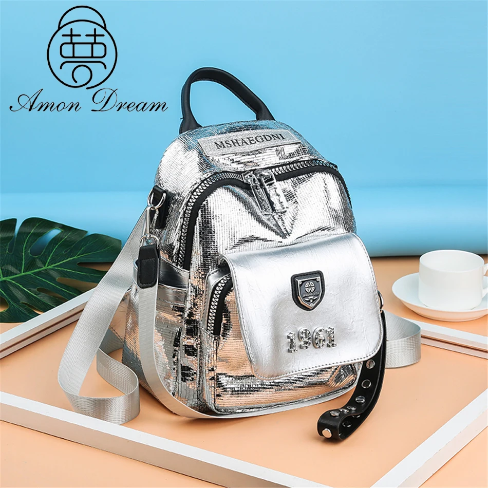 Fashion Silver Women 's Backpack High Quality Bookbag Soft Leather School Bags for Teenagers Girls 3 In 1 Ladies Travel Backpack