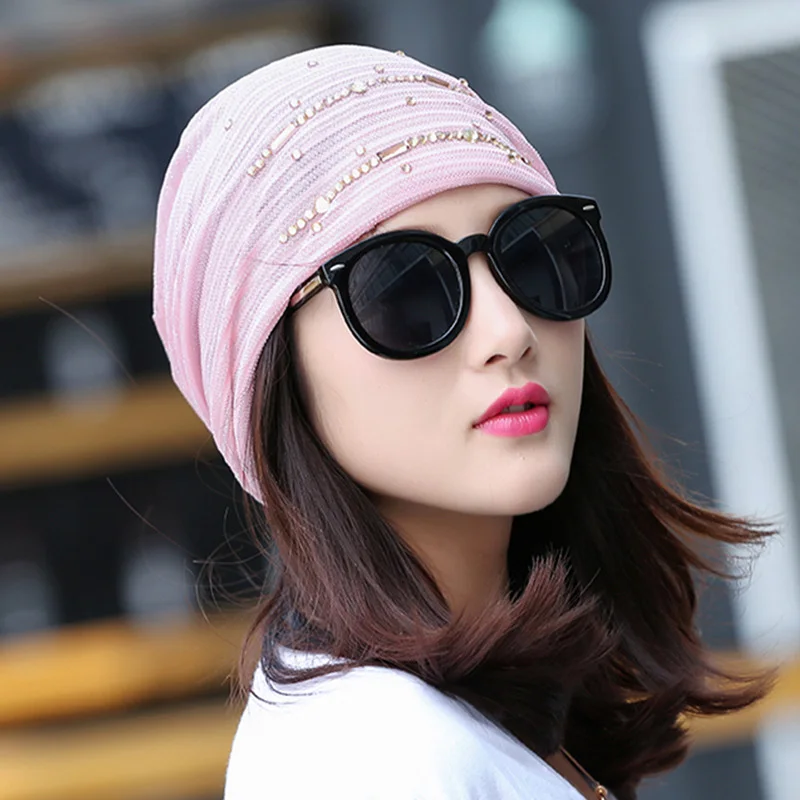 Women Winter Knitted Windproof Warm Cap Female Summer Thin Lace Rhinestone Sports Sunscreen Fold Black Sun Hat K30