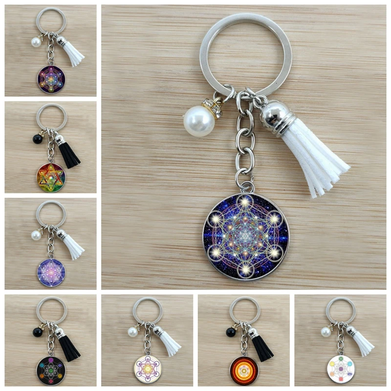 

Mysterious Metatron Cube Tassel Keychain Sacred Geometry Flower of Life Glass Pendant Magic Hexagon Keychain Jewelry Unisex