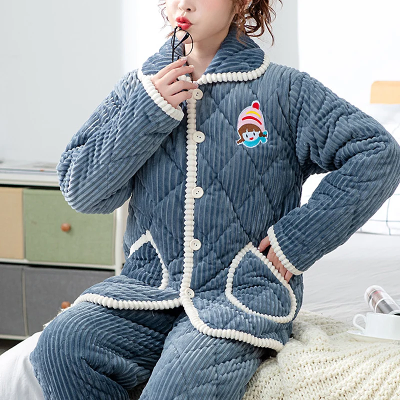 Winter Warm Women\'s Pajamas Suit Thick Velvet Button Pajama Woman Sets Sleepwear Nightwear 2Pcs Home Clothes Nightgowns Female