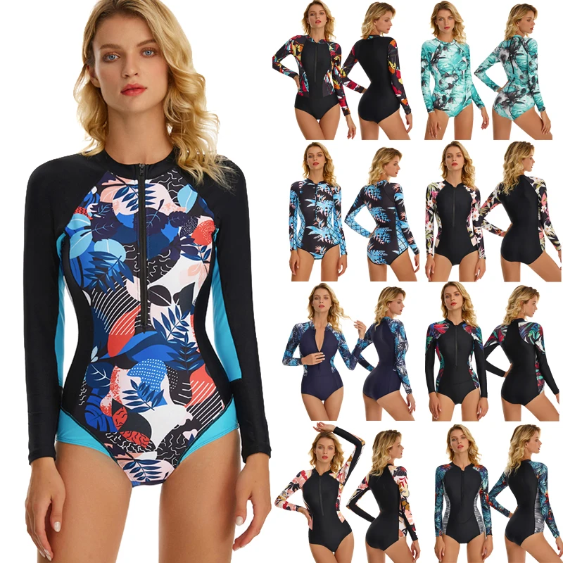 Womens Swimwear Monokini Swimsuits One Piece Long Sleeve Bathing Suits Sun UV Protection Rash Guard Front Zip Beachwear Bodysuit