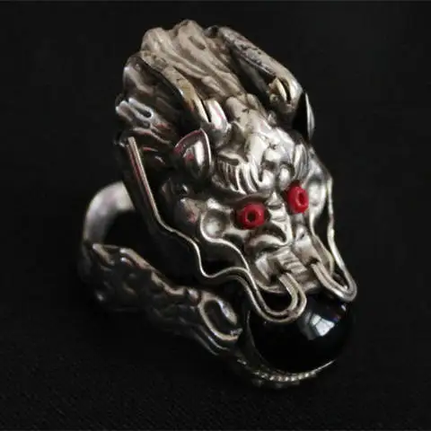 Tibetan Dragon Amulet Rings for Man Copper inlaid Bead Big Ring Multi Stones R024