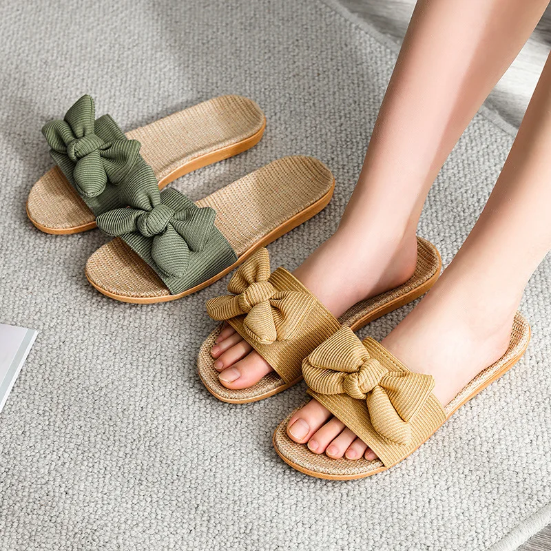 2021Bowknot household cool linen slippers women summer indoor non-slip resistance couples home slippers shoes women