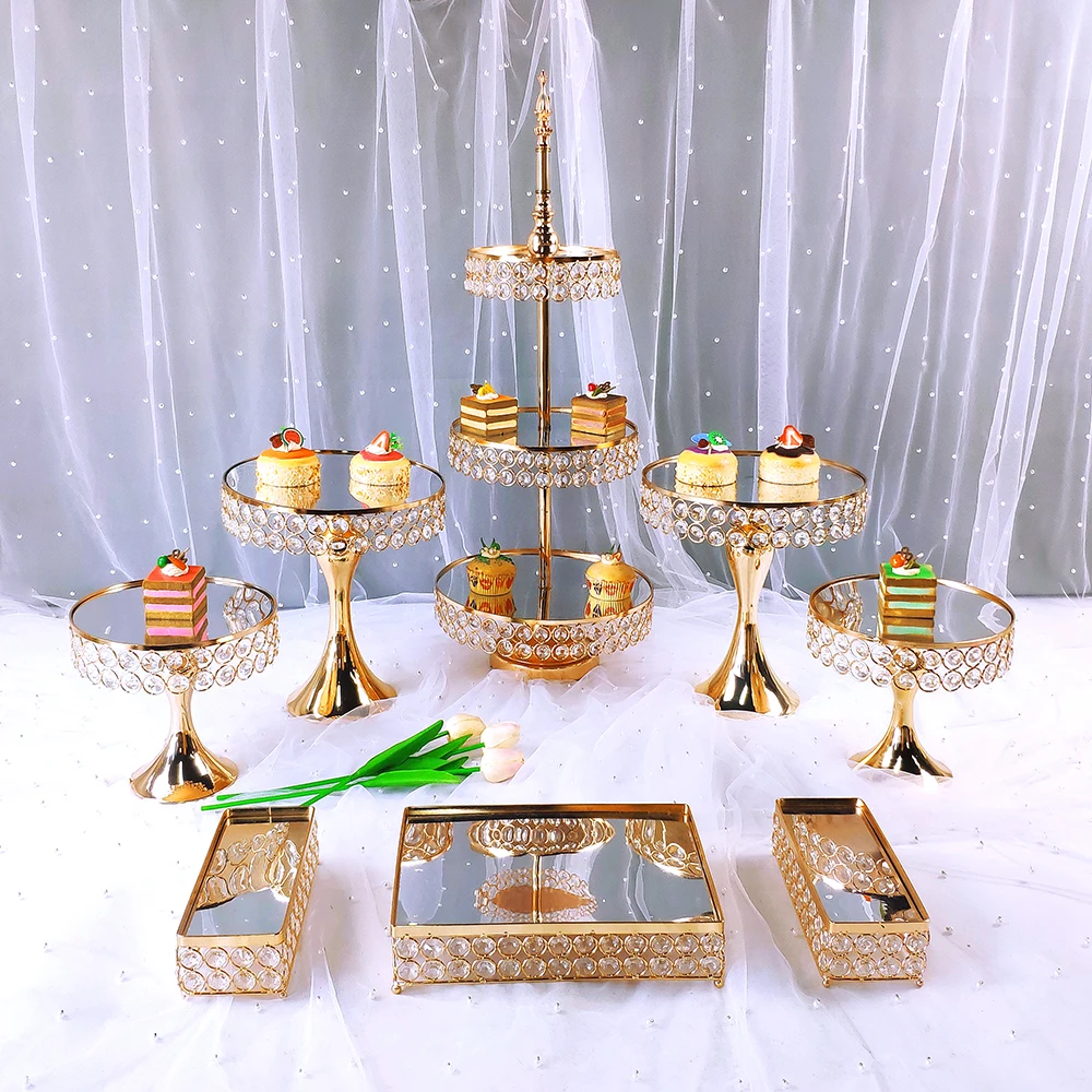 

8pcs Gold and silver crystal cake stand set metal mirror cupcake stand decorated dessert base Wedding party display cake tray