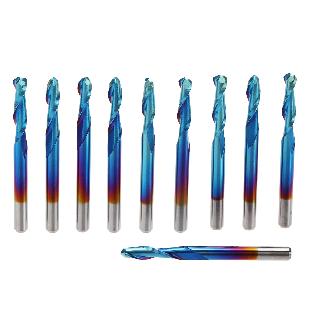 

10pcs 3.175mm Shank Ball Nose End Mill Nano Blue Coated Double Flute CNC Router Bits Milling Cutter Power Tools