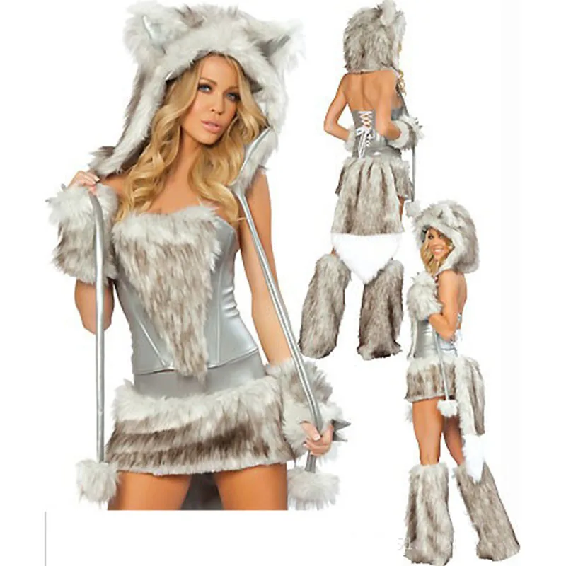 Sexy Plush Costume Set Women Big Tail Wolf Leopard Cosplay Winter Hat Tube Top Leg Warmer Party Dress for Halloween Christmas