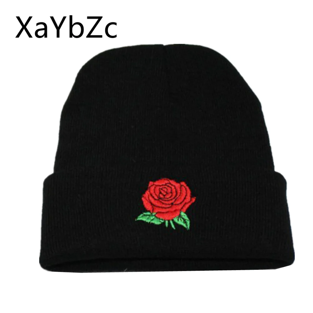 Womens Warm Wool Knit Hat Winter Skullies Beanie Embroidery Rose Design