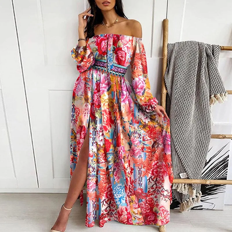 

Sexy Women Off Shoudler Strapless Split Dress Vintage Floral Print Maxi Long Dress Clubwear Long Sleeve Party Dress Vestido 3XL