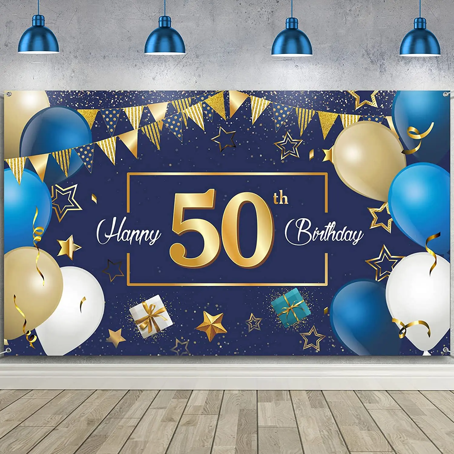 

Happy 50th Birthday Backdrop Decoration Banner Blue and Gold Supplies Photo Background Favor For Men Women Celebration