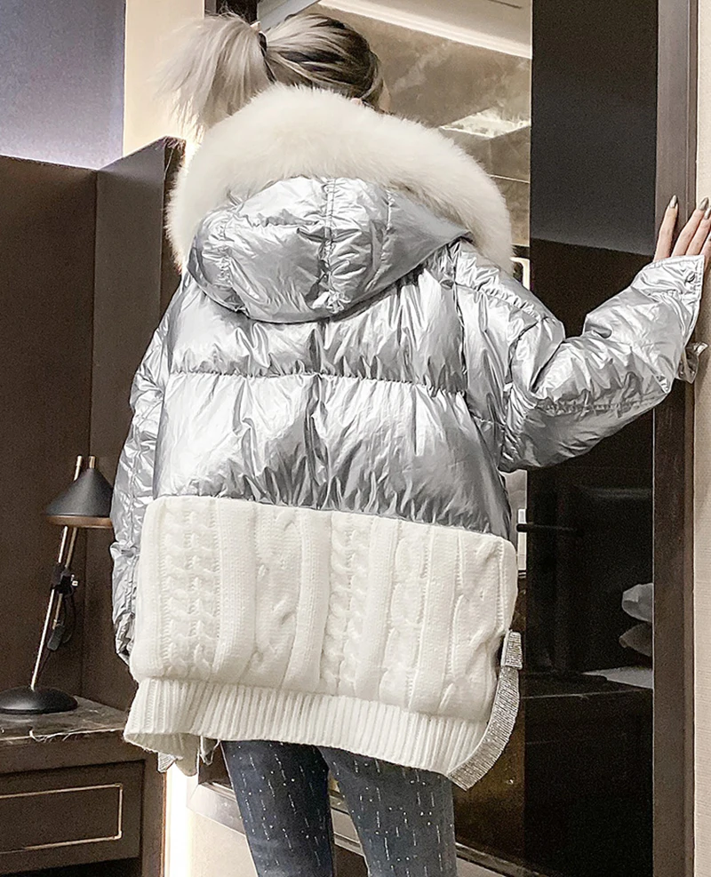 White Duck Down Knitt Stitching Fox Fur Collar Coat Shiny Feather Jacket Short Women 2024 Winter Warm Outwear Lady Hooded Parkas