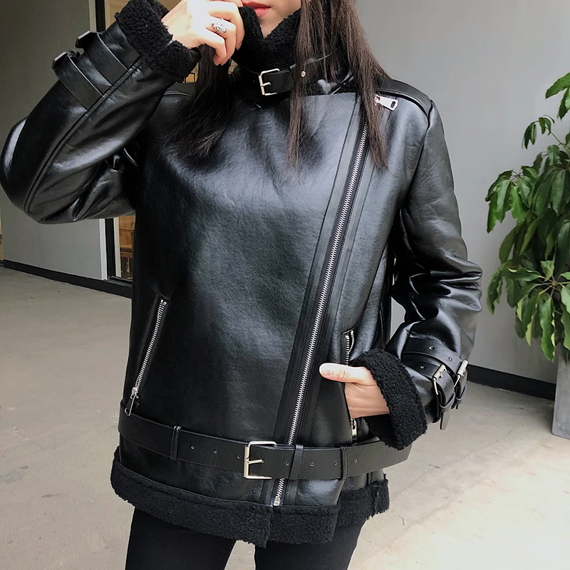 Blouson de motard en cuir PU femme noir, veste chaude et épaisse en laine d\'agneau, de haute qualité, avec ceinture à fermeture éclair, à la mode,