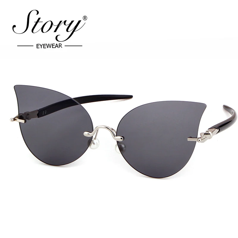 STORY Red Cat Eye Sunglasses Fashion Clear Lens Shades Rimless Pearl Pen Leg Irregular Sun Glasses For Women Eyewear Glasses