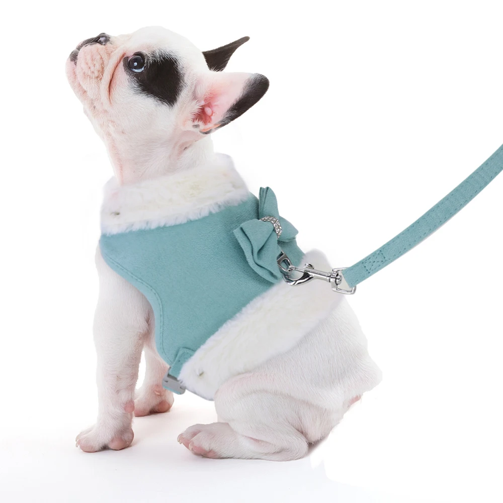 Bowknot Small Dog Cat Harness Leash Set Warm Soft Fur Harness Vest Breathable Puppy Pet Harness Lead For Small Dog Yorkshire Pug