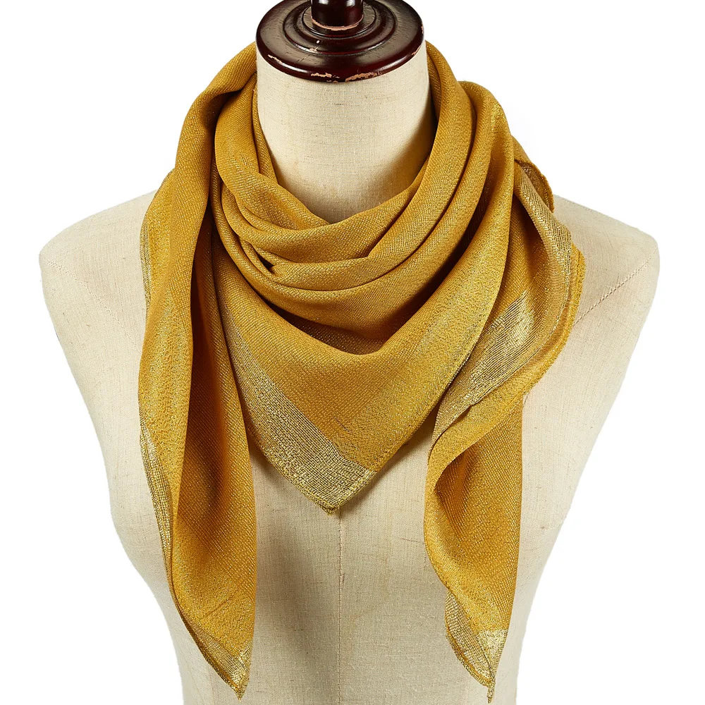 Solid Square Scarf With Golden Lurex Border Plain Head Scarves For Women Shawl Light Weight Basic Style 90*90 cm