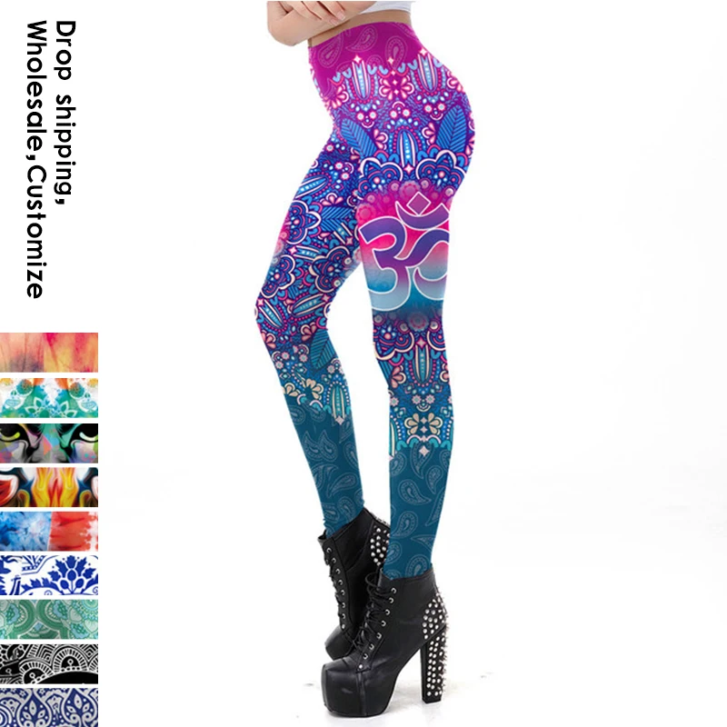 NADANBAO legginsy z symbolem OM Mandala dla kobiet trening legginsy ze średnim stanem spodnie do kostek Slim Fitness elastyczność leginsy