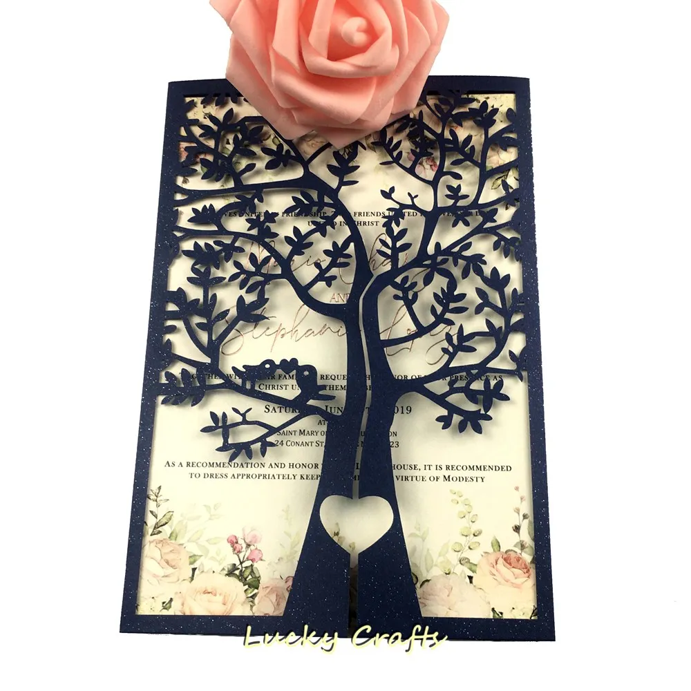 50X Laser Cut White Navy blue Gold Silver Tree Gate fold Wedding Invitations Cards Party Invite Bridal shower Greeting Birthday