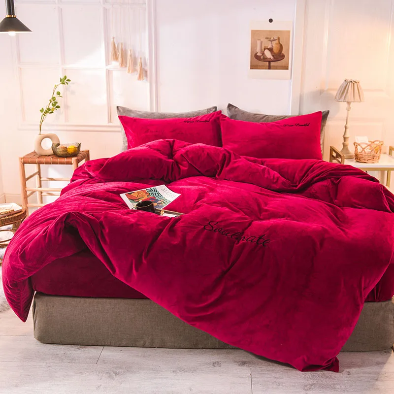 Coral Fleece Duvet Cover Winter Warm Flannel Embroidery Solid Grey Quilt Covers for Queen King Size Bed Blanket Bedding 1 Piece