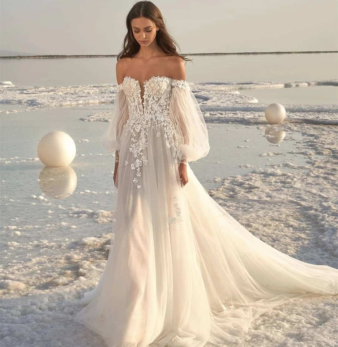 Customized 3D Flowers Lace Wedding Dress 2021 Off Shoulder Beach Simple Long Sleeve Custom Made White Tulle Bridal Gowns