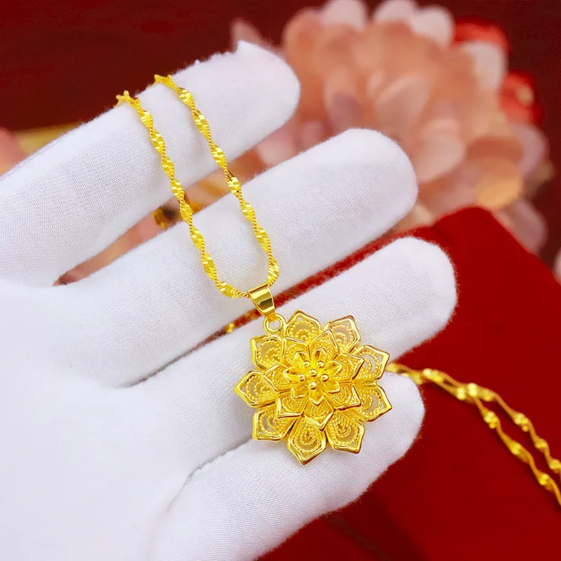 Necklaces for Women Big Hollow Flower Pendant Necklaces 24K Gold Plated Women Choker Necklace Anniversary Wedding New Jewelry