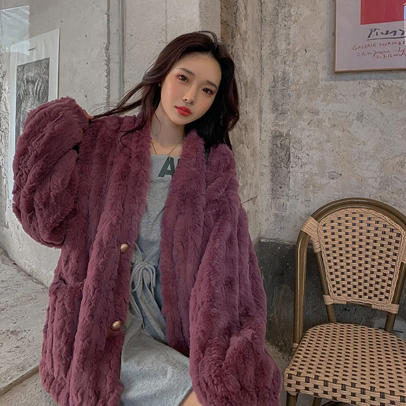 Autunno donna albicocca Faux Rabbit Fur Coat Casual coreano scollo a v manica lunga Coath Outwear inverno allentato Casual femminile Abrigo Mujer