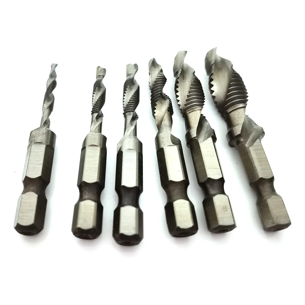 6Pcs Tap เจาะชุดไทเทเนียม Hex Shank HSS สกรูเมตริกเจาะ Bits Compound เครื่องมือ m3 M4 M5 M6 M8