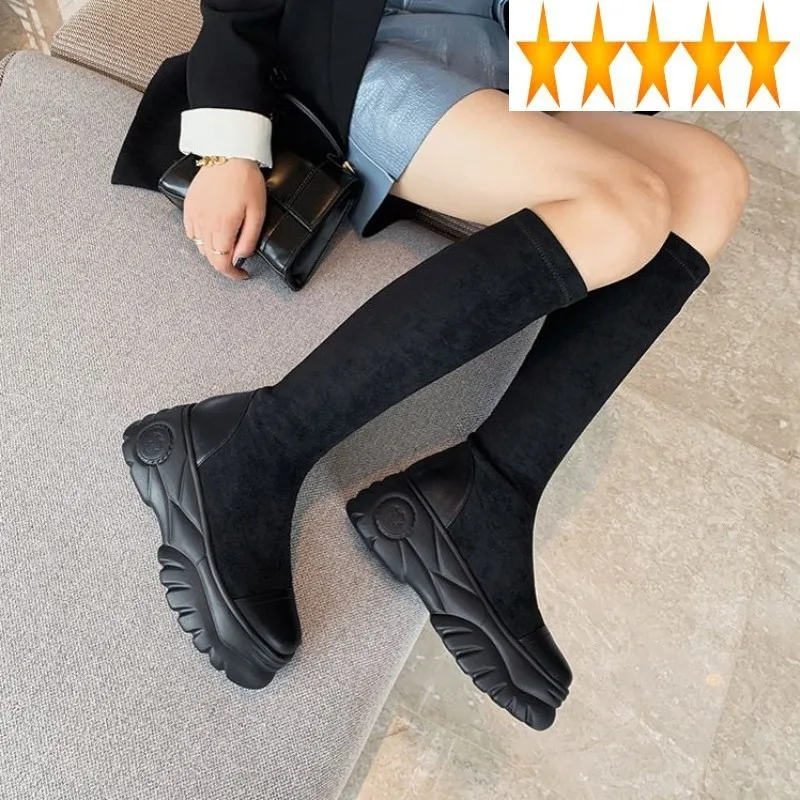 Women Knee Autumn Fashion Solid Color Slip-On Genuine Leather Shoes Platform High Heels Winter Flock Black Long Boots