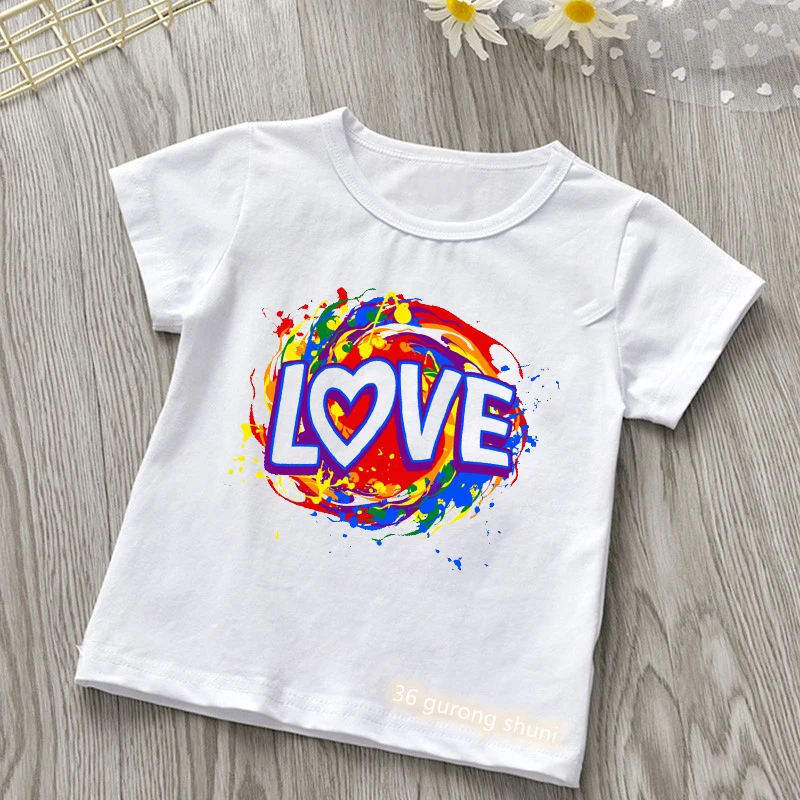 

Newly girls t-shirts rainbow color Love graphic print girl clothes fashion casual kids tshirt summer cool boys t shirt white top