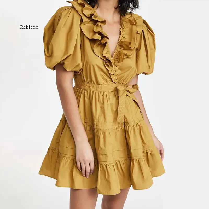 

Female Puff Short Sleeve Dresses Patchwork Ruffle High Waist Lace Up Bowknot Slimming Ruched Women's Elegant Dress