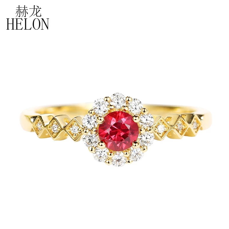 

HELON Solid 14K Y/R/W Gold Certified Round Genuine Natural Ruby Diamonds Party Anniversary Ring For Women Trendy Jewelry Gift