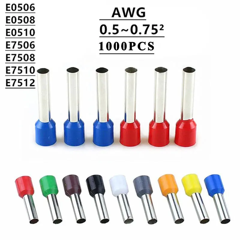 

1000pcs E0506 E0508 E0510 E7506 E7508 Insulated Ferrules Terminal Block Cord End Wire Connector 0.5~0.75mm2,Crimp Terminator