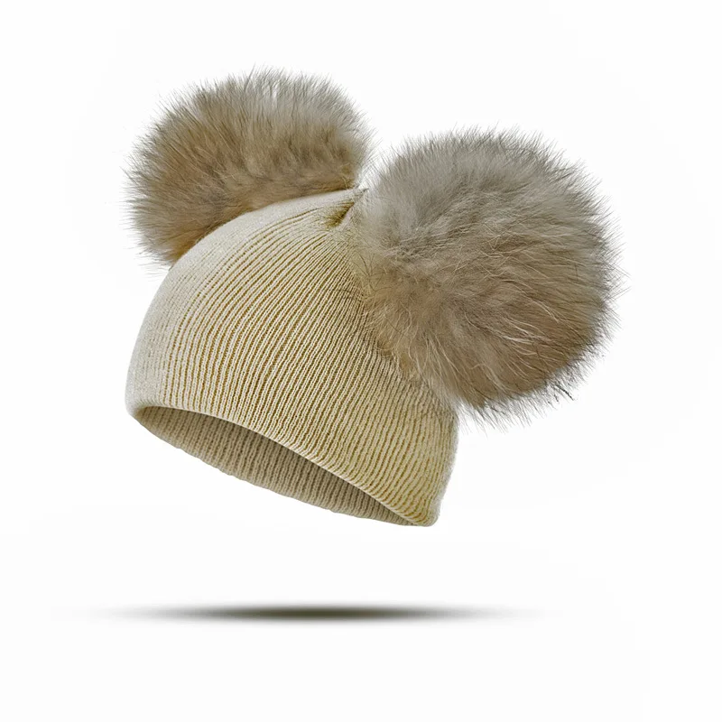 Gorro con pompón doble para niño y niña, gorro cálido de punto de algodón, Unisex, para invierno