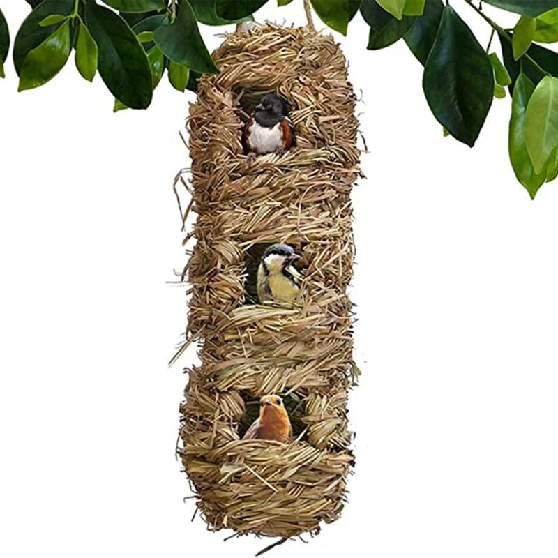 2024 New Handwoven Canary House Grass Birdhouse Outside Natural Straw Bird Hut 3 Holes for Sparrow Hanging Finch Roosting Nest