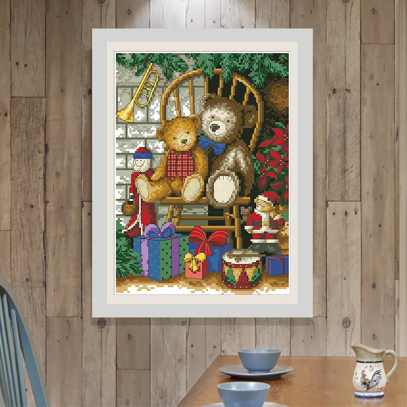 Counted Cross Stitch Kit Christmas Bears Embroidery Paintings Needlework Sets 11CT 14CT Printed Canvas Diy Craft Home Decoration