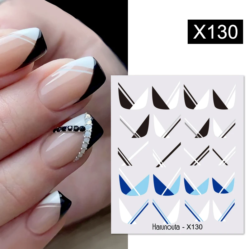 Harunouta French Black White Geometrics Pattern Water Decals Stickers Flower Leaves Slider For Nails Spring Summer Nail Design