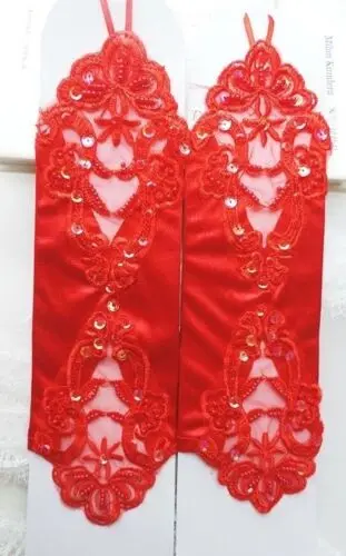 Guantes de satén de encaje con lentejuelas, rojo, para novia, fiesta, noche, Rojo