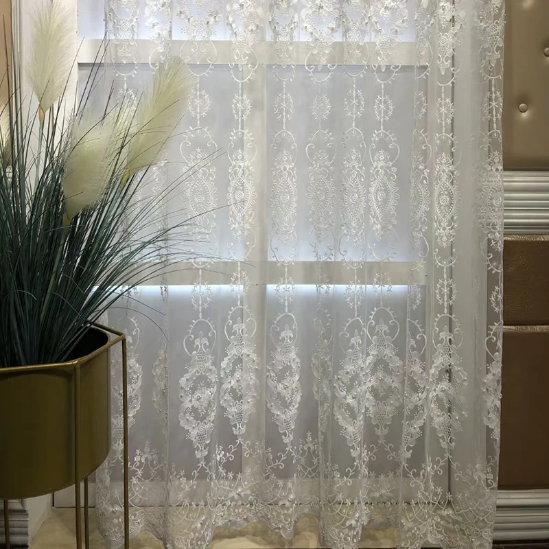 European Elegant White Embroidered Pearls Tulle Curtain For Living Room Bedroom Wedding Home Decoration Girl Sheer Drapes Custom