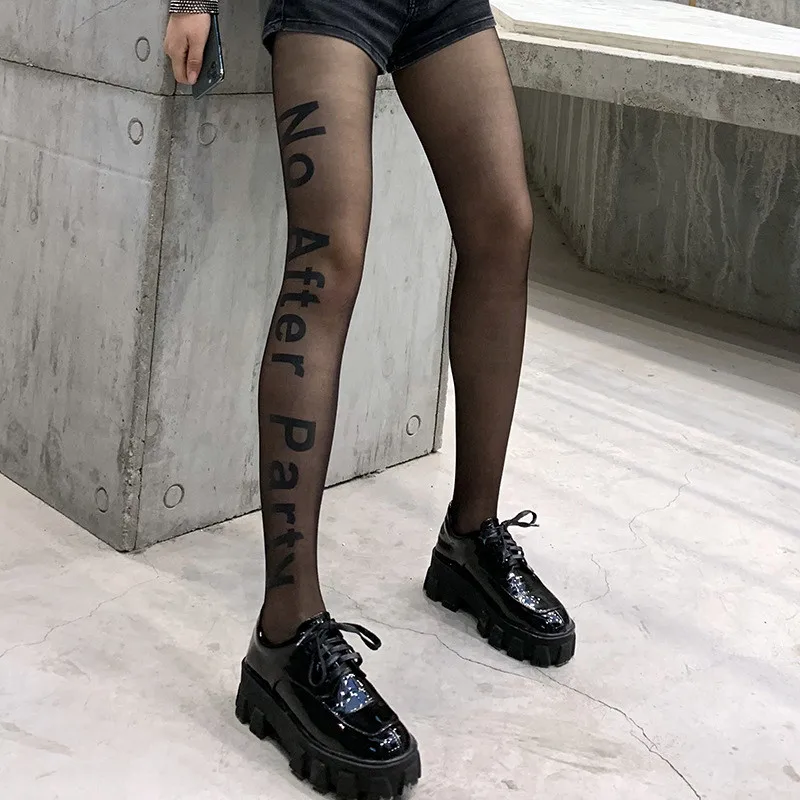 DOIAESKV Fashion Sexy Women Pantyhose Printed Black Letter Dance Stockings Female Hosiery Mesh FishNet Tattoo Patterned Tights