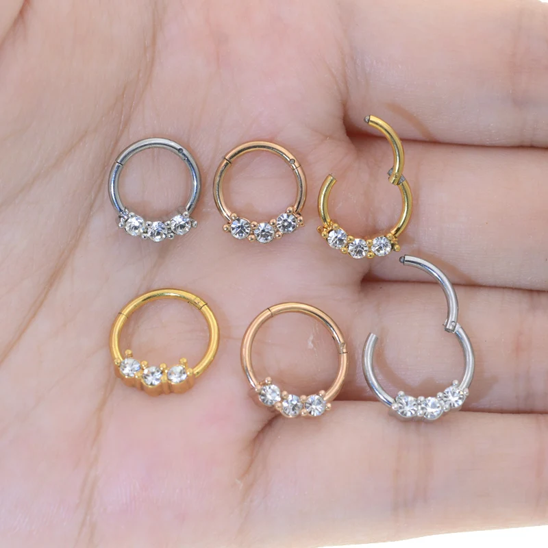 1Pc Three CZ Seamless Ring Hoop 16G CZ Gems Seamless Hinged Segment Ring Clicker Cartilage Nose/Lip/Ear Hoop Septum 16G