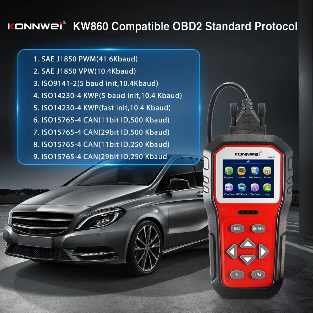 KONNWEI KW860 ODB2 Scanner Full ODB2 Functions Car Engine Fault Code Reader Tools Enhanced Live Data Stream Original Free Update