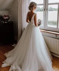 Abito da sposa semplice di dimensioni personalizzate Nuovo 2025 Design con fiocco A Line Abito da sposa senza maniche senza schienale Bianco / Lvory robe de soiree