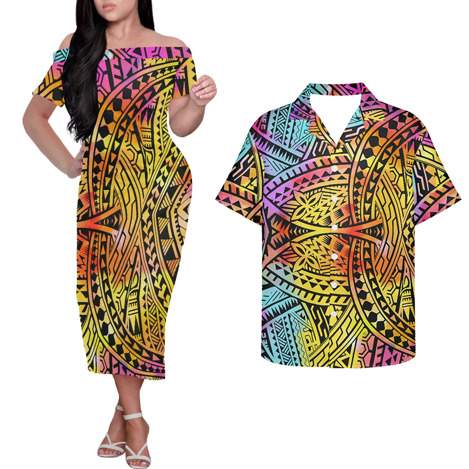 HYCOOL Summer Polynesian Yellow Maxi Dresses For Women 2pcs Casual Couples Matching Clothing Set Elegant Off Shoulder Dress 2021