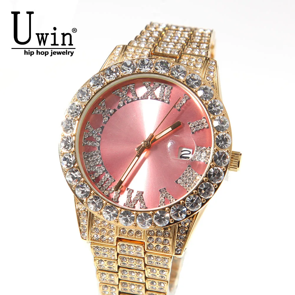 Uwin Big Dial Watches Pink Purple Blue Black Full Iced Out Men Stainless Steel Fashion Luxury Rhinestones Quartz  Business