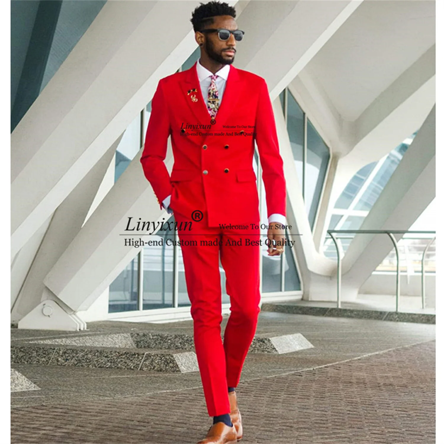 

Fashion Red Men Suits For Wedding Slim Fit Double Breasted Groom Tuxedo Peaked Lapel 2 Pieces Jacket Pants Set Male Prom Blazer