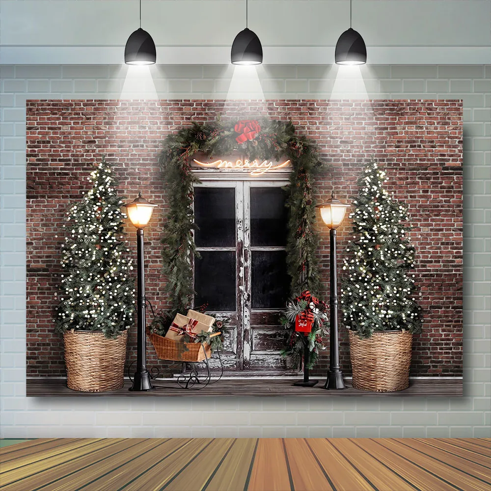 Дверь, Рождество, детский фон для фотосъемки, кирпичная стена, детские фоны, дерево, винтажный уличный фонарь, декор, детская фотостудия