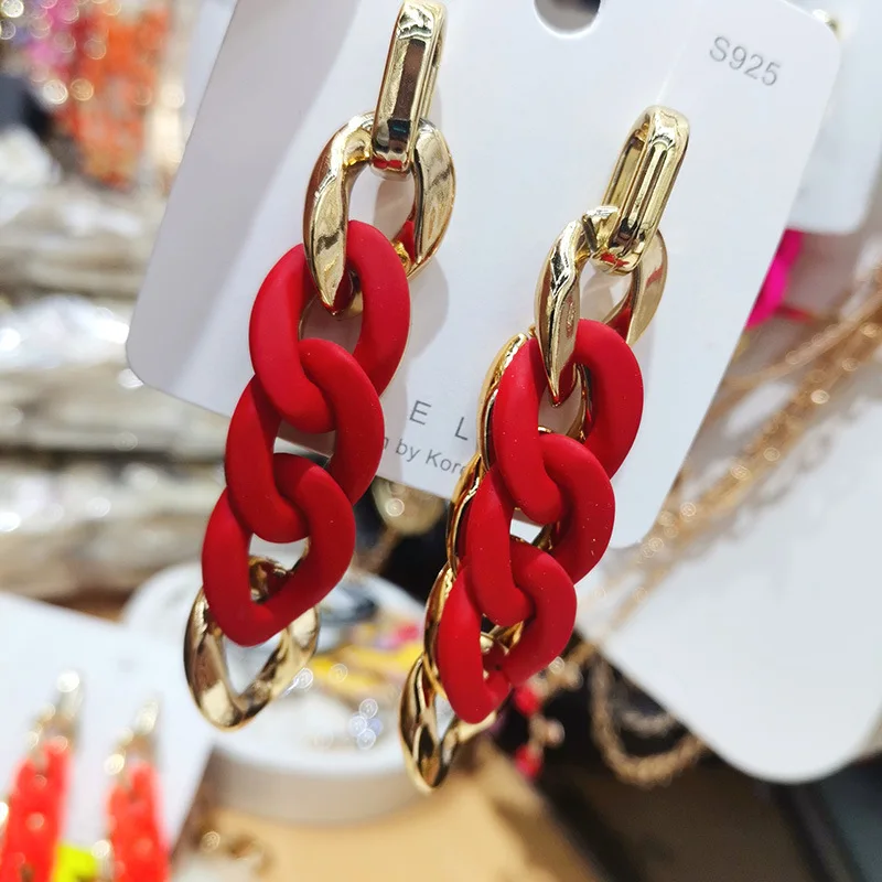 2024 موضة ملونة ربط الاكريليك إسقاط أقراط للنساء الذهب اللون سلسلة طويلة هندسية استرخى أقراط مجوهرات بسيطة هدية #6