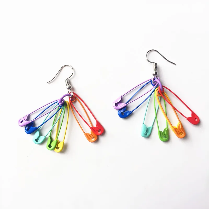 Donarsei 2024 New Fashion Rainbow Safety Pin Earrings For Women Minimalist Colorful Paperclip Drop Earrings Ear Threader Party