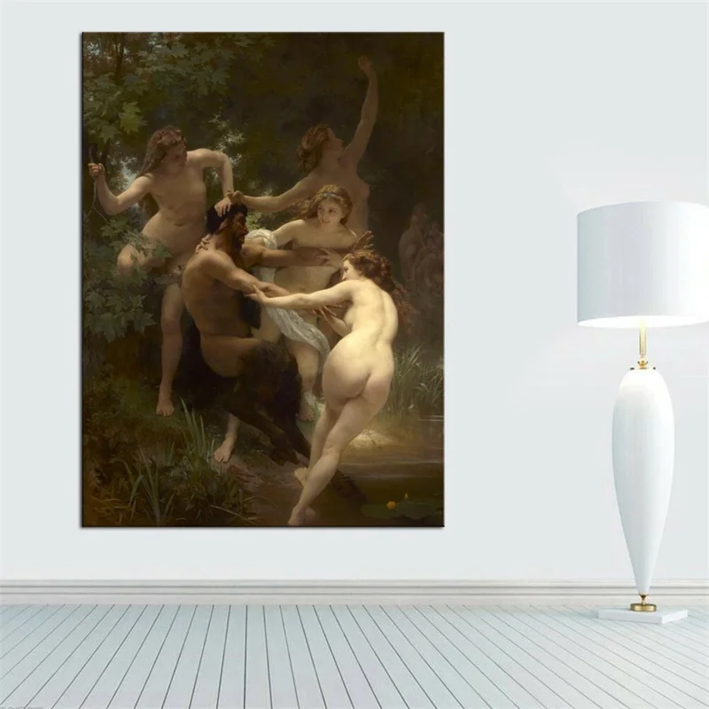 

William Adolphe Bouguereau Painting Nymphs and Satyr Wall Art Canvas Painting Printed Home Decor Classical Poster Drop shipping